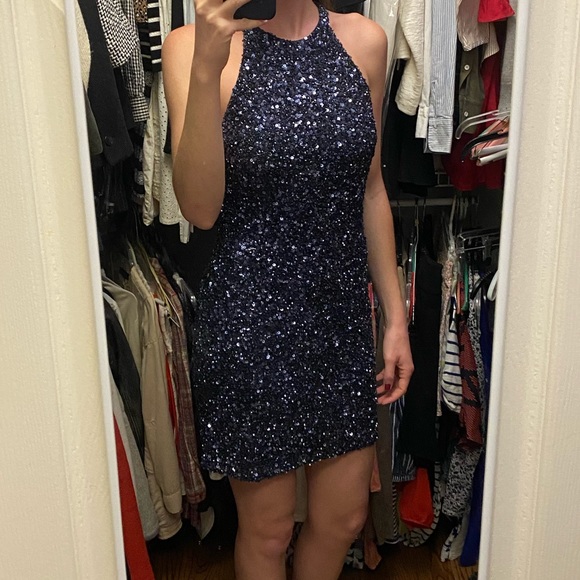 NWT Navy Sequin Halter Mini Dress Parker - Picture 5 of 6